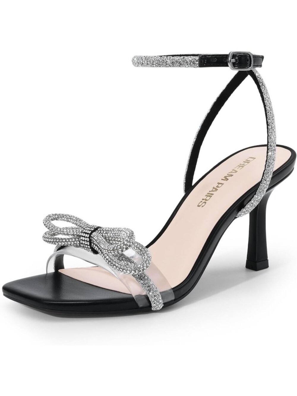 Women's Double Bowknots Black Open Square Toe Ankle Strap Rhinestone Heels